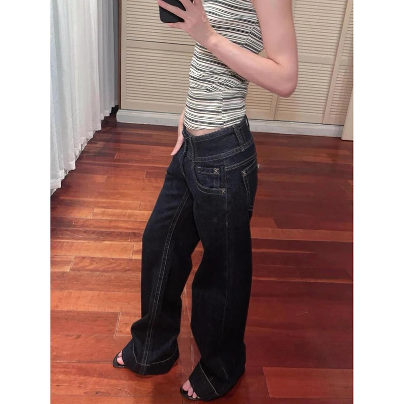 Women Blue Y2k Baggy Straight Jeans