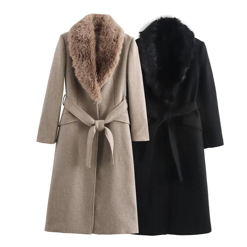 Women's Belt Warm Fur Collar Coat Flip