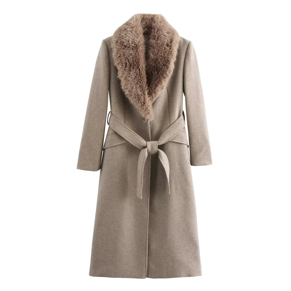 Women's Belt Warm Fur Collar Coat Flip