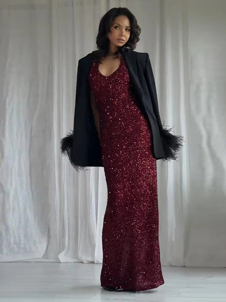 Sexy Women Maxi Dresses Elegant Sequins
