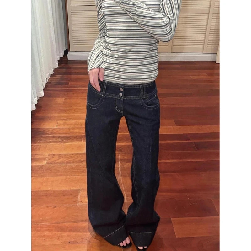 Women Blue Y2k Baggy Straight Jeans