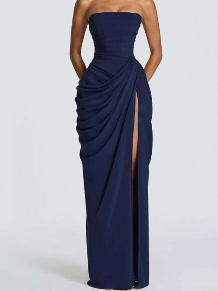 Split Solid Pleated Dress Women