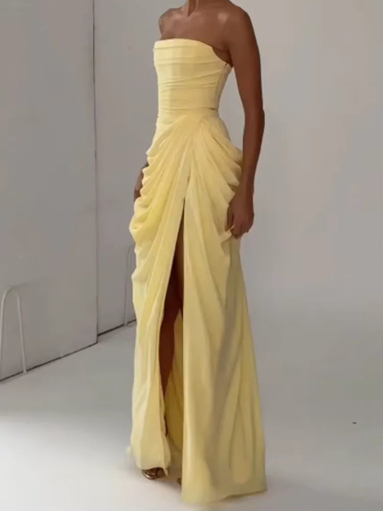Split Solid Pleated Dress Women